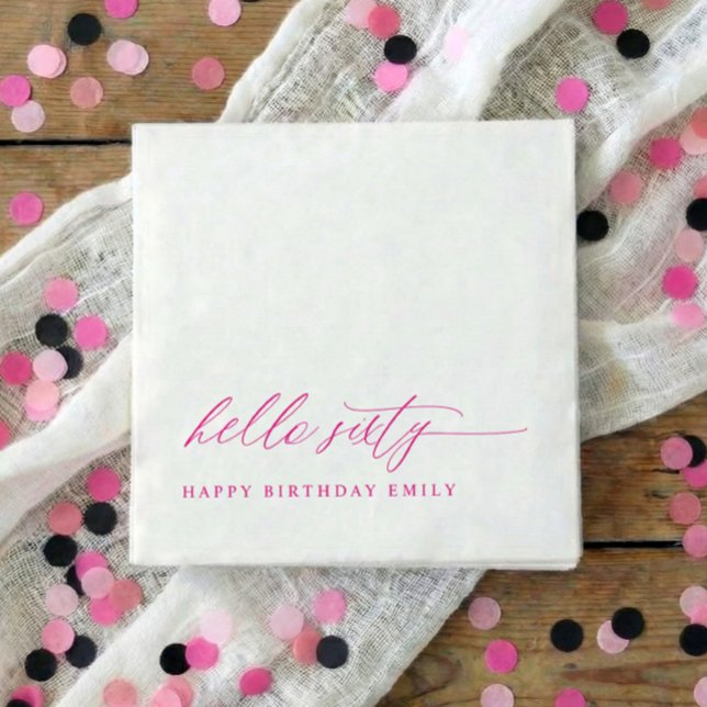 60th Birthday Party Pink Hello 60 Modern Napkins (Pink hello 60 elegant minimalist 60th birthday party napkins)