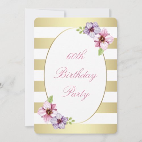 60th Birthday Party  Pink Lilac Floral White Gold Invitation