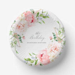 60th Birthday Party Pink Peony Floral Custom Paper Bowls