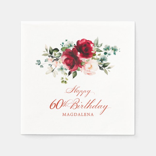60th Birthday Party Pink Red Floral Custom Napkins (Front)