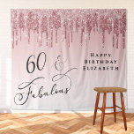 60th Birthday Party Pink Rose Gold Glitter Tapestry<br><div class="desc">Elegant personalized 60th birthday party photo backdrop tapestry with pink and rose gold faux glitter dripping from the top against a pink ombre background and "60 & Fabulous" written in stylish script. You can customize with her name. A blank area in the lower corner provides space for guests to take...</div>