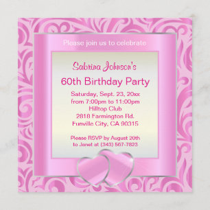 60th Birthday Party Pink, Silver & White Verder Invitation