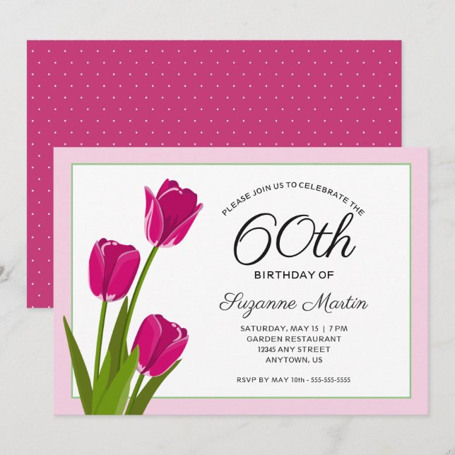 60th Birthday Party Pink Tulips Invitation (Front/Back)