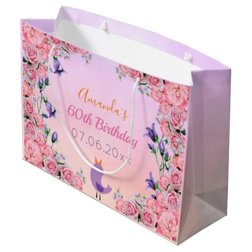 60th birthday party pink violet florals cute large gift bag