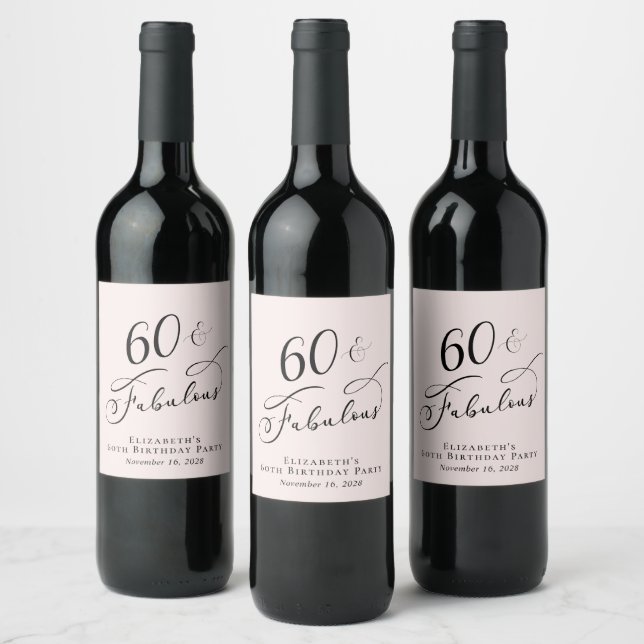 60th Birthday Party Pink Wine Label (Bottles)