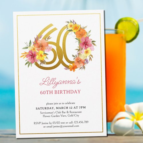 60th Birthday Party Pretty Floral Gold Number 60 Invitation