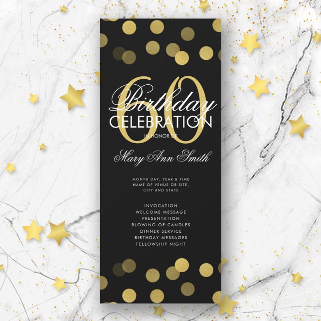 60th Birthday Party Program Gold Confetti w/ Menu (Creator Uploaded)