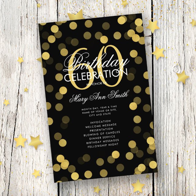 60th Birthday Party Program Gold Confetti w/ Menu Flyer (Creator Uploaded)