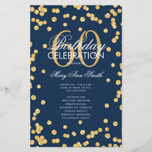 60th Birthday Party Program Gold Glitter Menu Navy