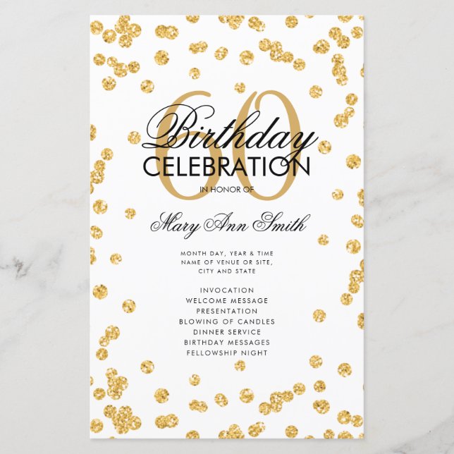 60th Birthday Party Program Gold Glitter w/ Menu (Front)