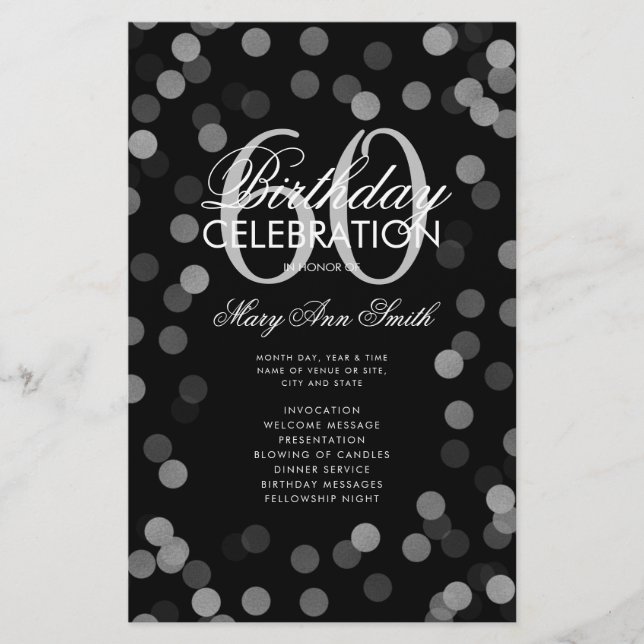 60th Birthday Party Program Silver Confetti Menu Flyer (Front)