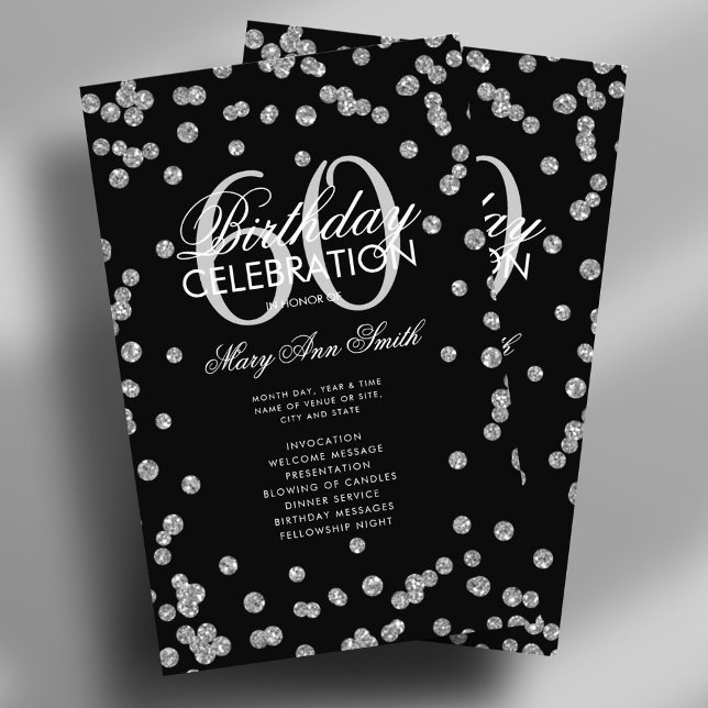 60th Birthday Party Program Silver Glitter w/ Menu Flyer (60th Birthday Party Program Silver Glitter w/ Menu Flyer)