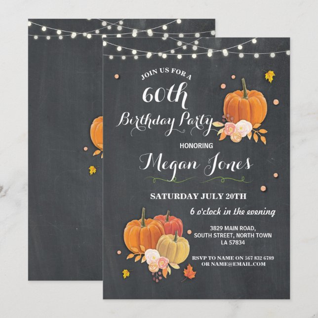 60th Birthday Party Pumpkin Rustic Chalk Invite 40 (Front/Back)
