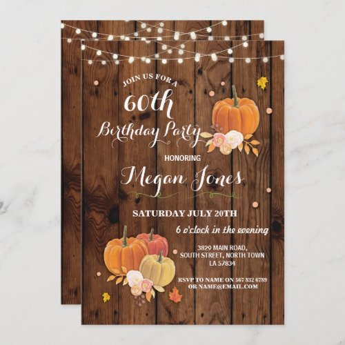 60th Birthday Party Pumpkin Rustic Wood Invite 40