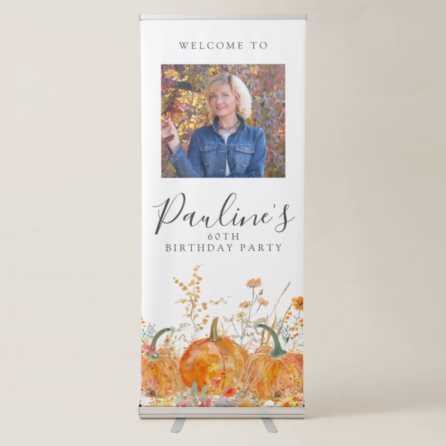 60th Birthday Party Pumpkin Wildflower Photo Retractable Banner (Front)