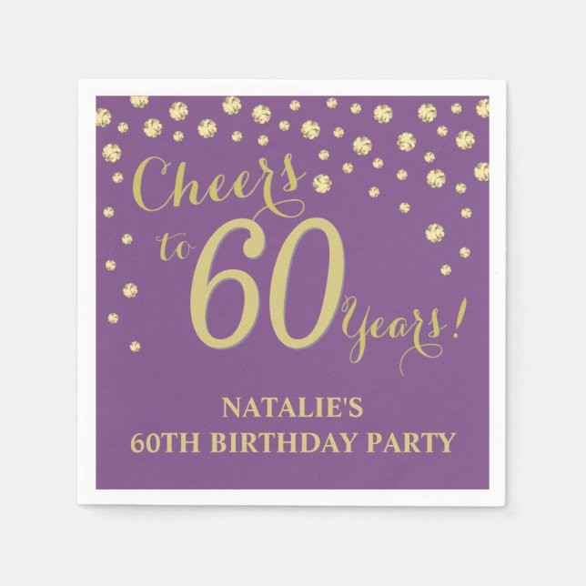 60th Birthday Party Purple and Gold Diamond Napkins (Front)