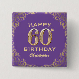 60th Birthday Party Purple and Gold Glitter Frame Button