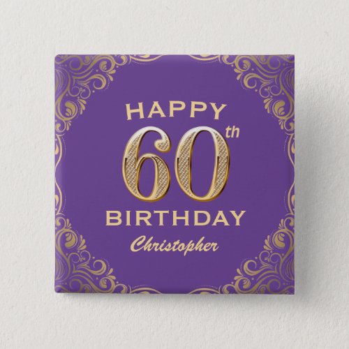 60th Birthday Party Purple and Gold Glitter Frame Button