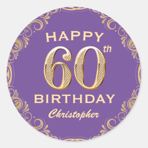 60th Birthday Party Purple and Gold Glitter Frame Classic Round Sticker