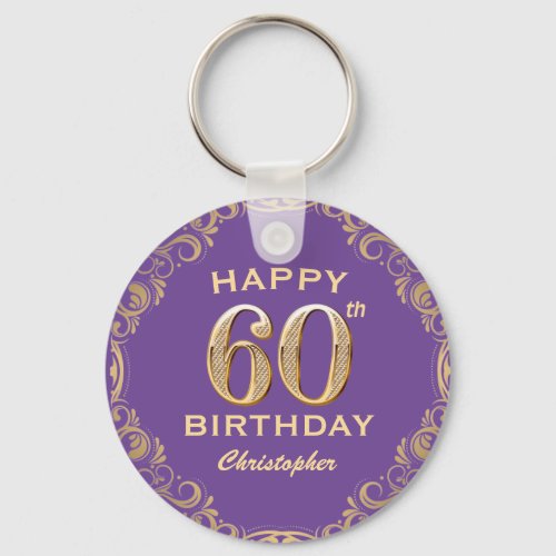 60th Birthday Party Purple and Gold Glitter Frame Keychain