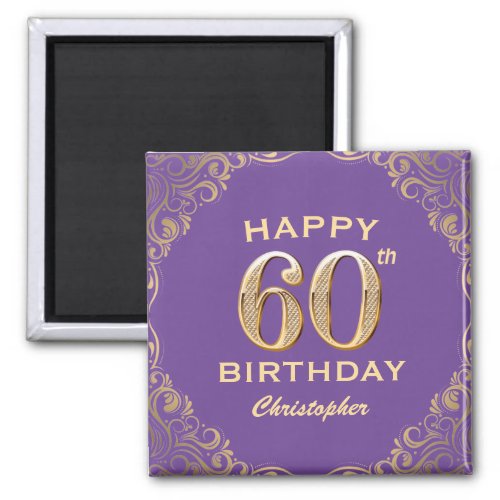60th Birthday Party Purple and Gold Glitter Frame Magnet