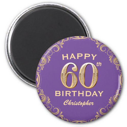 60th Birthday Party Purple and Gold Glitter Frame Magnet