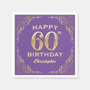 60th Birthday Party Purple and Gold Glitter Frame Napkins