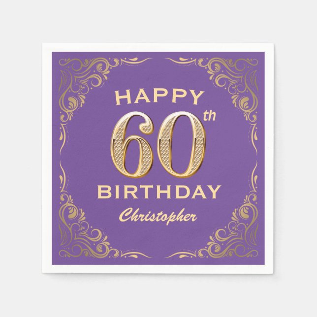 60th Birthday Party Purple and Gold Glitter Frame Napkins (Front)