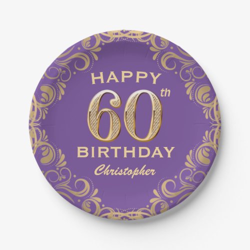 60th Birthday Party Purple and Gold Glitter Frame Paper Plates