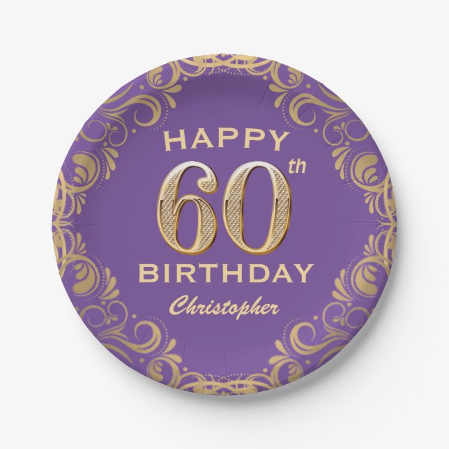 60th Birthday Party Purple and Gold Glitter Frame Paper Plates (Front)