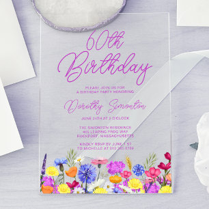 60th Birthday Party Purple Boho Wildflower Acrylic Invitations
