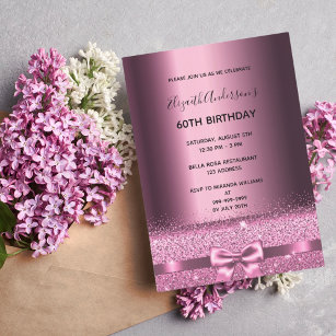 60th birthday party purple burgundy glitter invitation