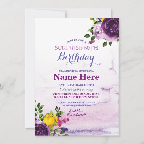 60th Birthday Party Purple Floral Pink Invite