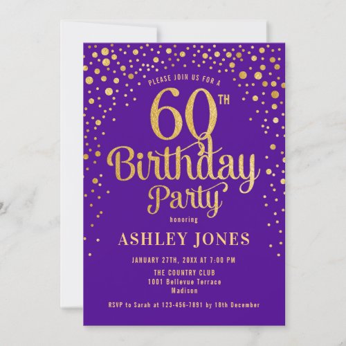 60th Birthday Party _ Purple  Gold Invitation