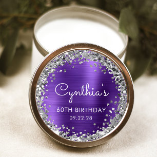 60th Birthday Party Purple Silver Glitter Classic Round Sticker