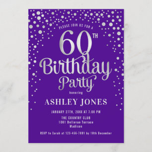 60th Birthday Party - Purple & Silver Invitation