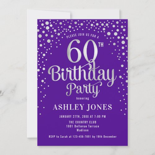 60th Birthday Party _ Purple  Silver Invitation