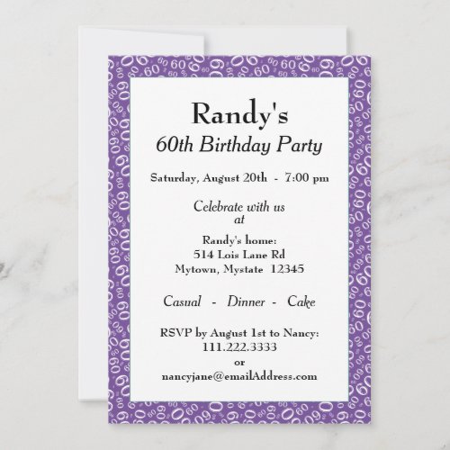 60th Birthday Party PurpleWhite Number Pattern Invitation