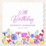 60th Birthday Party Purple Wildflower Custom Paper Coaster<br><div class="desc">A pretty watercolor wildflower border decorates the bottom of this 60th birthday party custom coaster. The colorful wildflowers are perfect for a spring or summer birthday party. The birthday celebrant's name and birthday follow. All text is editable.</div>