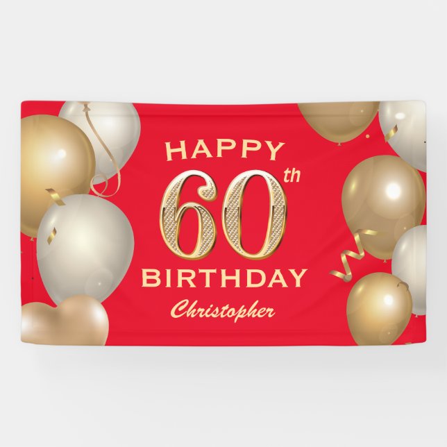 60th Birthday Party Red and Gold Balloons Banner (Horizontal)