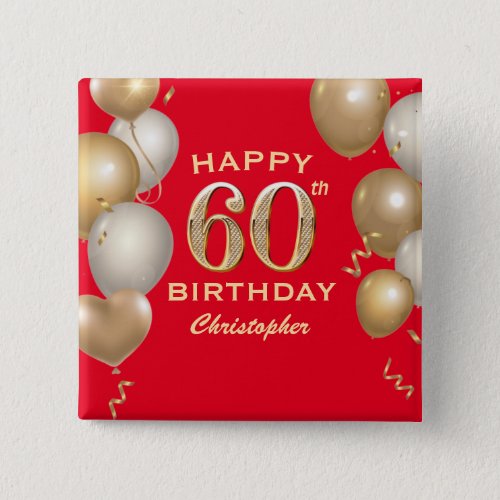60th Birthday Party Red and Gold Balloons Button