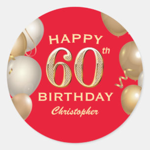 60th Birthday Party Red and Gold Balloons Classic Round Sticker