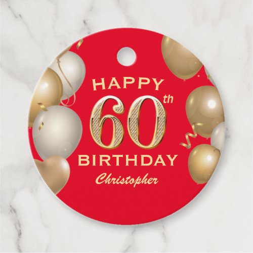 60th Birthday Party Red and Gold Balloons Favor Tags