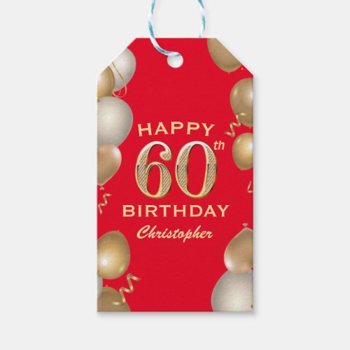 60th Birthday Party Red and Gold Balloons Gift Tags
