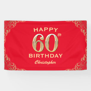 60th Birthday Party Red and Gold Glitter Frame Banner