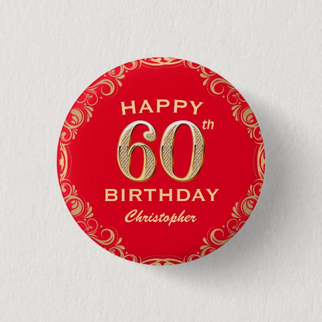 60th Birthday Party Red and Gold Glitter Frame Button (Front)