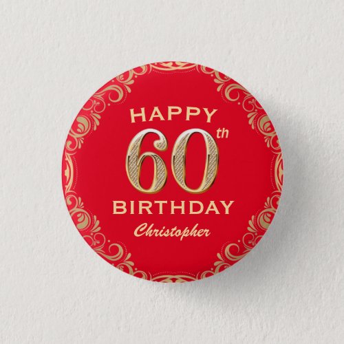 60th Birthday Party Red and Gold Glitter Frame Button