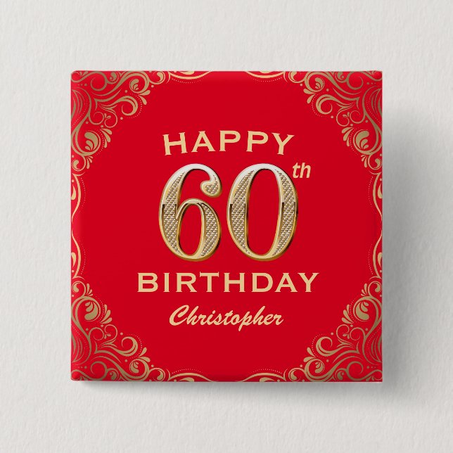 60th Birthday Party Red and Gold Glitter Frame Button (Front)