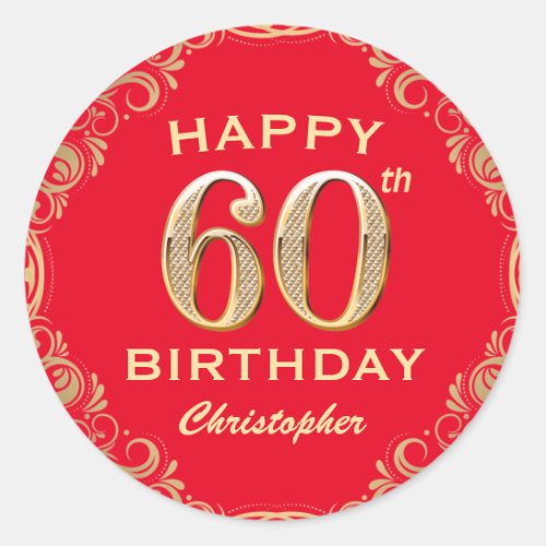 60th Birthday Party Red and Gold Glitter Frame Classic Round Sticker