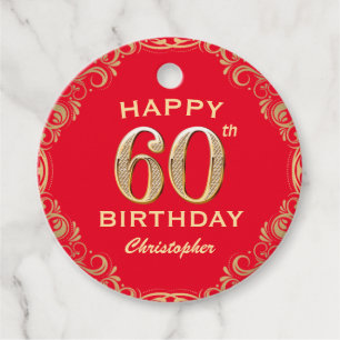60th Birthday Party Red and Gold Glitter Frame Favor Tags